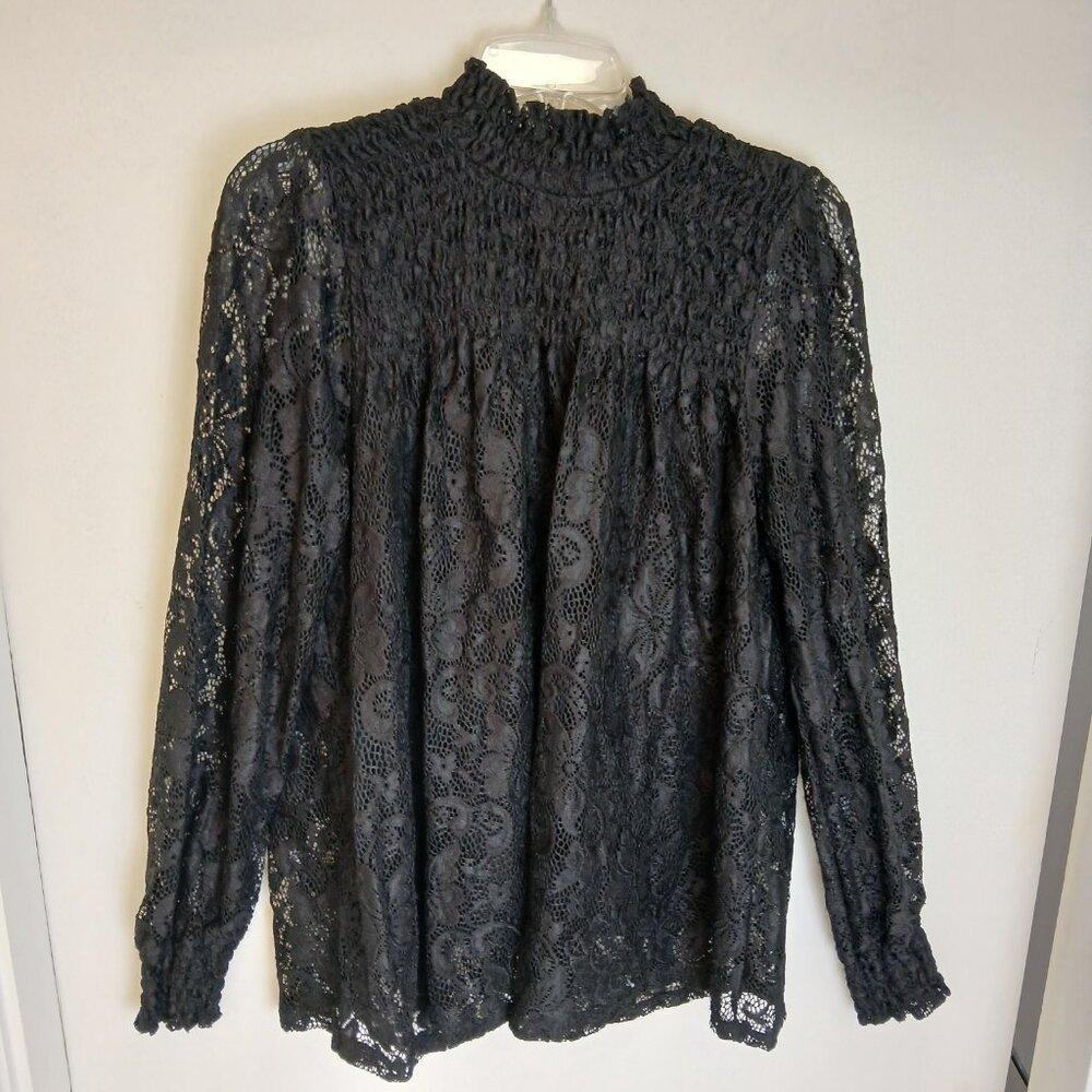 Black Floral  Lace Long Sleeve Top Smocked Mock Neck & Cuffs Sz M